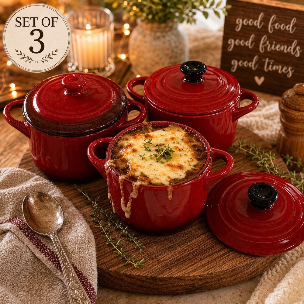 Set 3 Mini Ceramic Soup Crocks Red Crofton + World Market 8oz Oven Safe